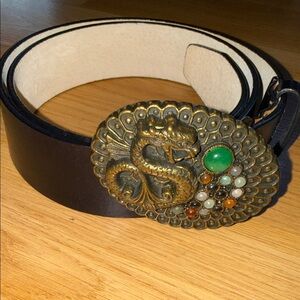 Lucky Brand Black Leather Belt with Ornate Dragon Buckle Jewels Medium Large